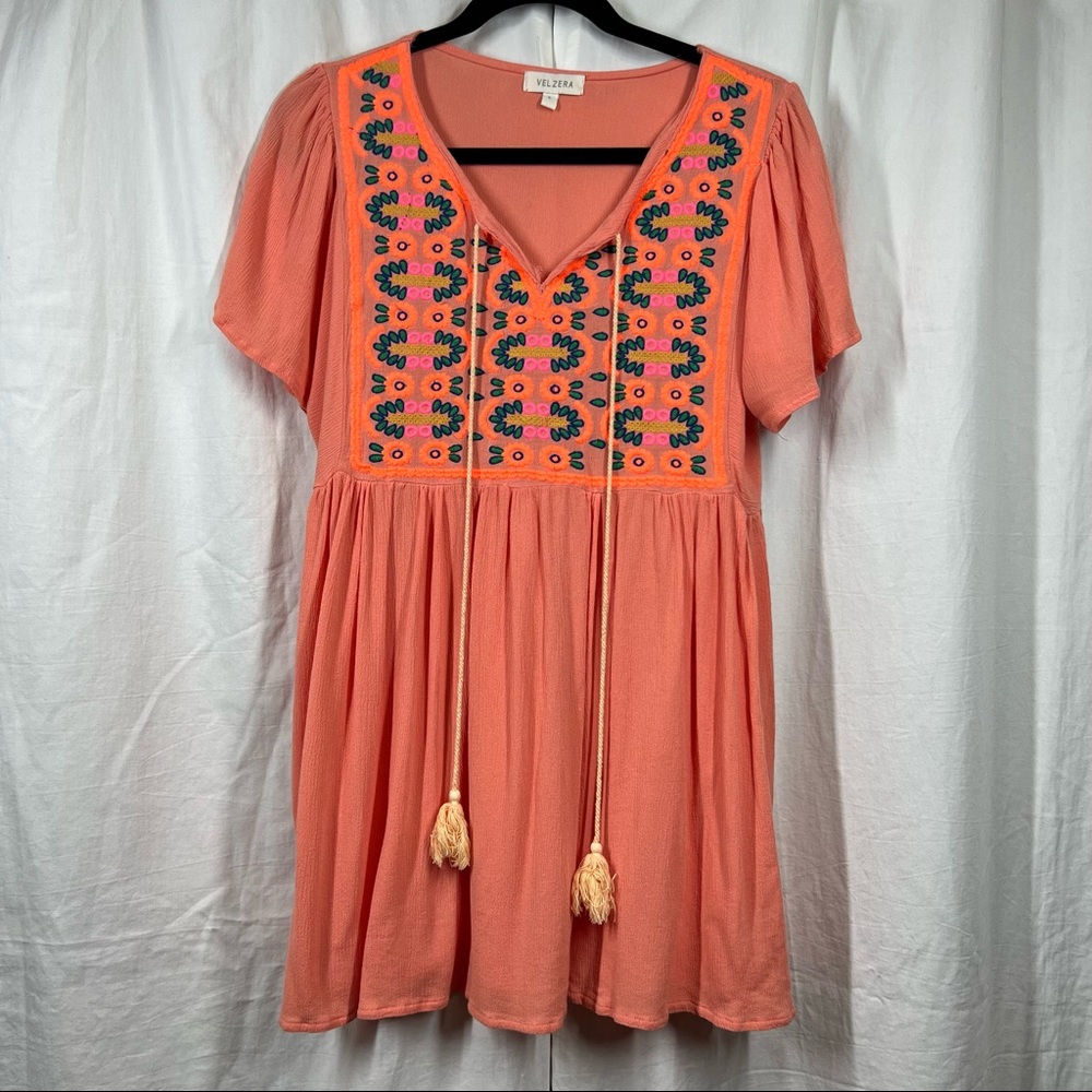 Velzera boho embroidered tassel V neck tunic peach orange